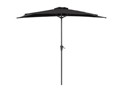 Black half umbrella with 8.5ft span, durable fabric, and sturdy metal frame for compact outdoor spaces.