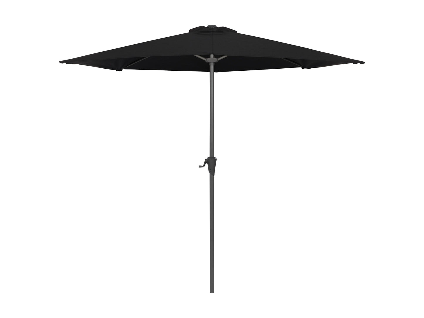 Black 8.5ft half umbrella with crank handle, UV-resistant fabric, and sturdy steel frame for patio or balcony use.