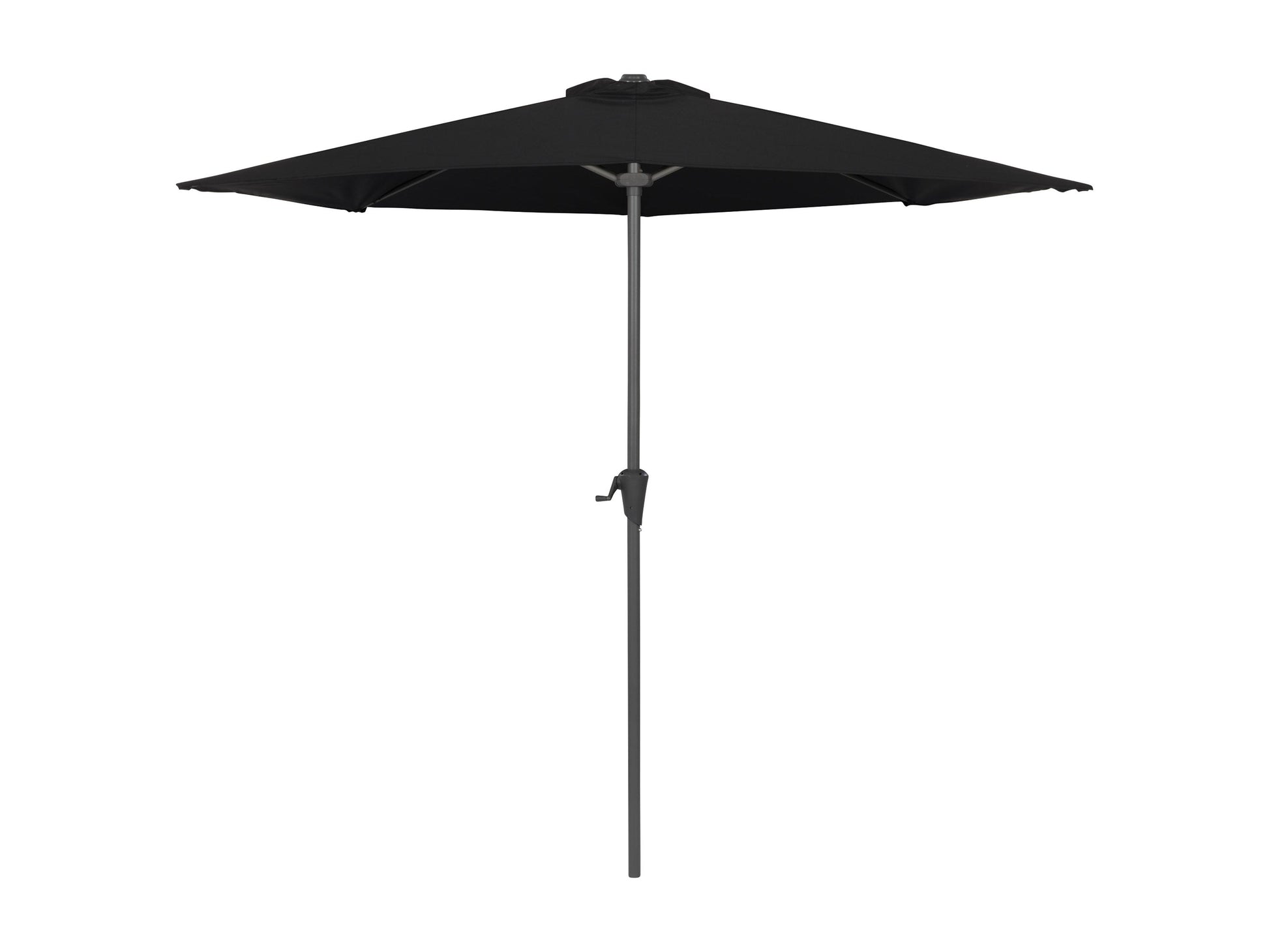 Black 8.5ft half umbrella with crank handle, UV-resistant fabric, and sturdy steel frame for patio or balcony use.