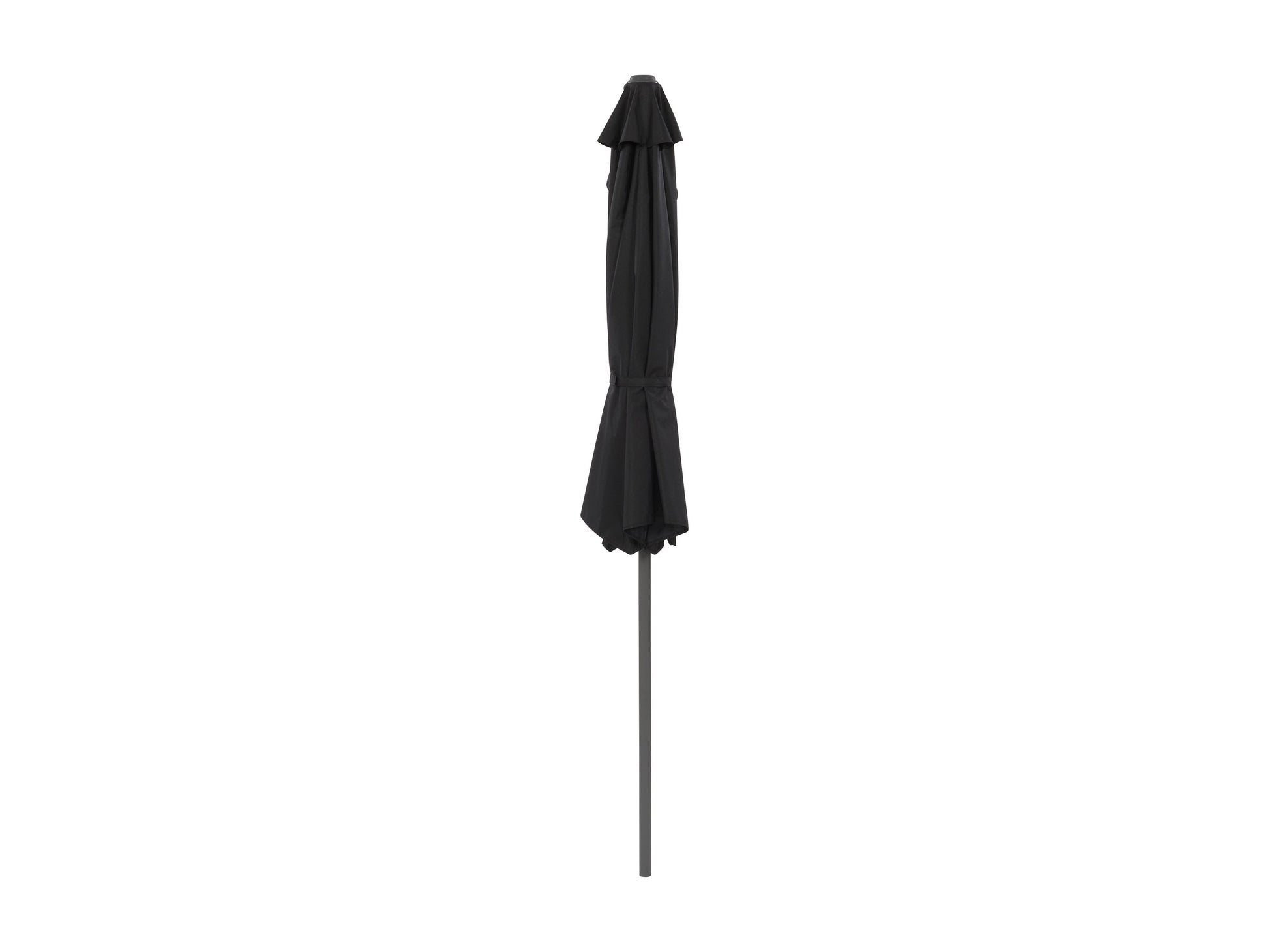 Black 8.5ft half umbrella with UV protection, durable fabric canopy, and sturdy metal frame for small outdoor spaces.