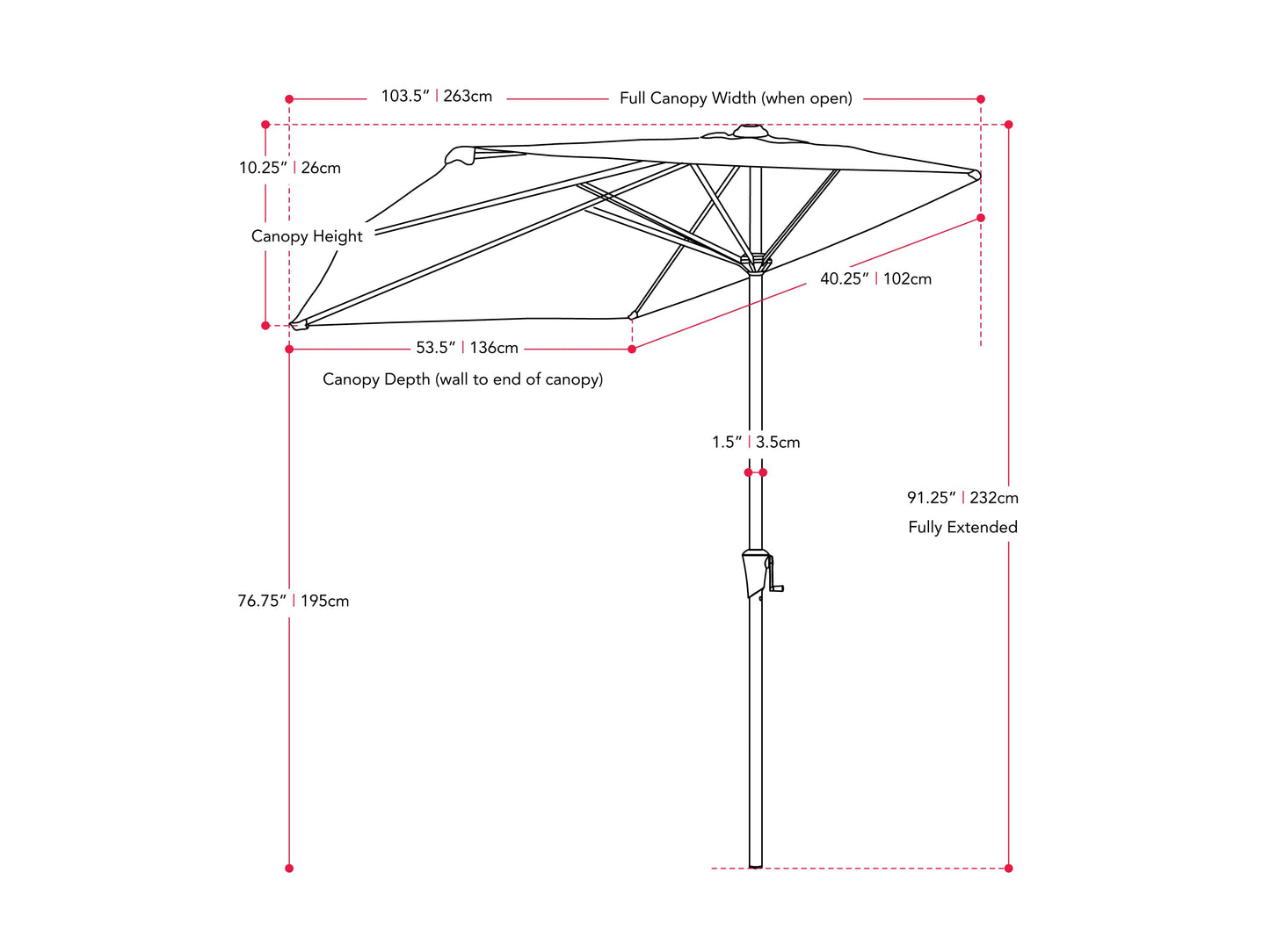 Red half umbrella with 8.5ft canopy, UV protection, and sturdy black metal frame.