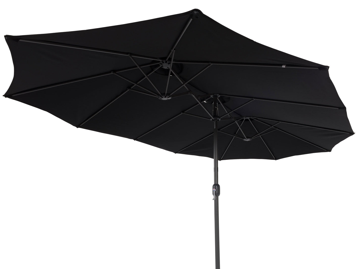 Black 15ft double patio umbrella with UV protection, sturdy aluminum frame, and crank lift system for outdoor shade.