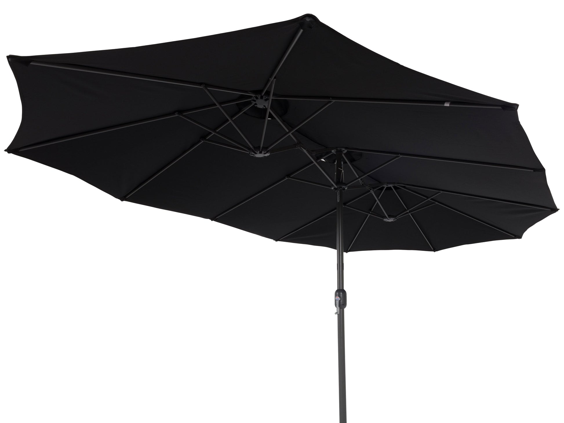Black 15ft double patio umbrella with UV protection, sturdy aluminum frame, and crank lift system for outdoor shade.