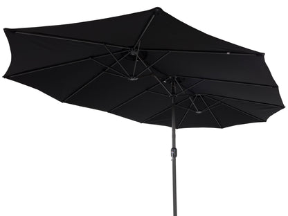 Black 15ft double patio umbrella with UV protection, sturdy aluminum frame, and crank lift system for outdoor shade.