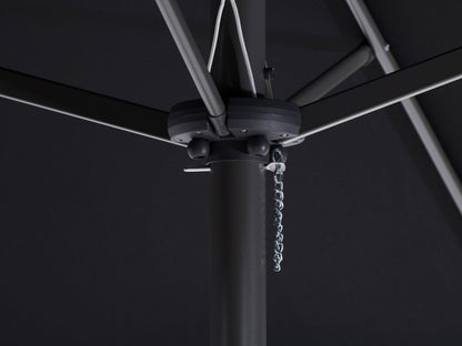 Black 15ft double patio umbrella with UV protection, sturdy metal frame, and crank lift system for outdoor shade.