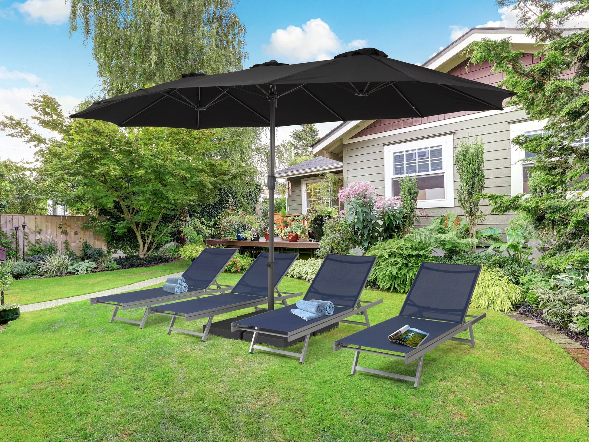 Double black patio umbrella with 15ft canopy, UV protection, and durable steel frame for outdoor use.