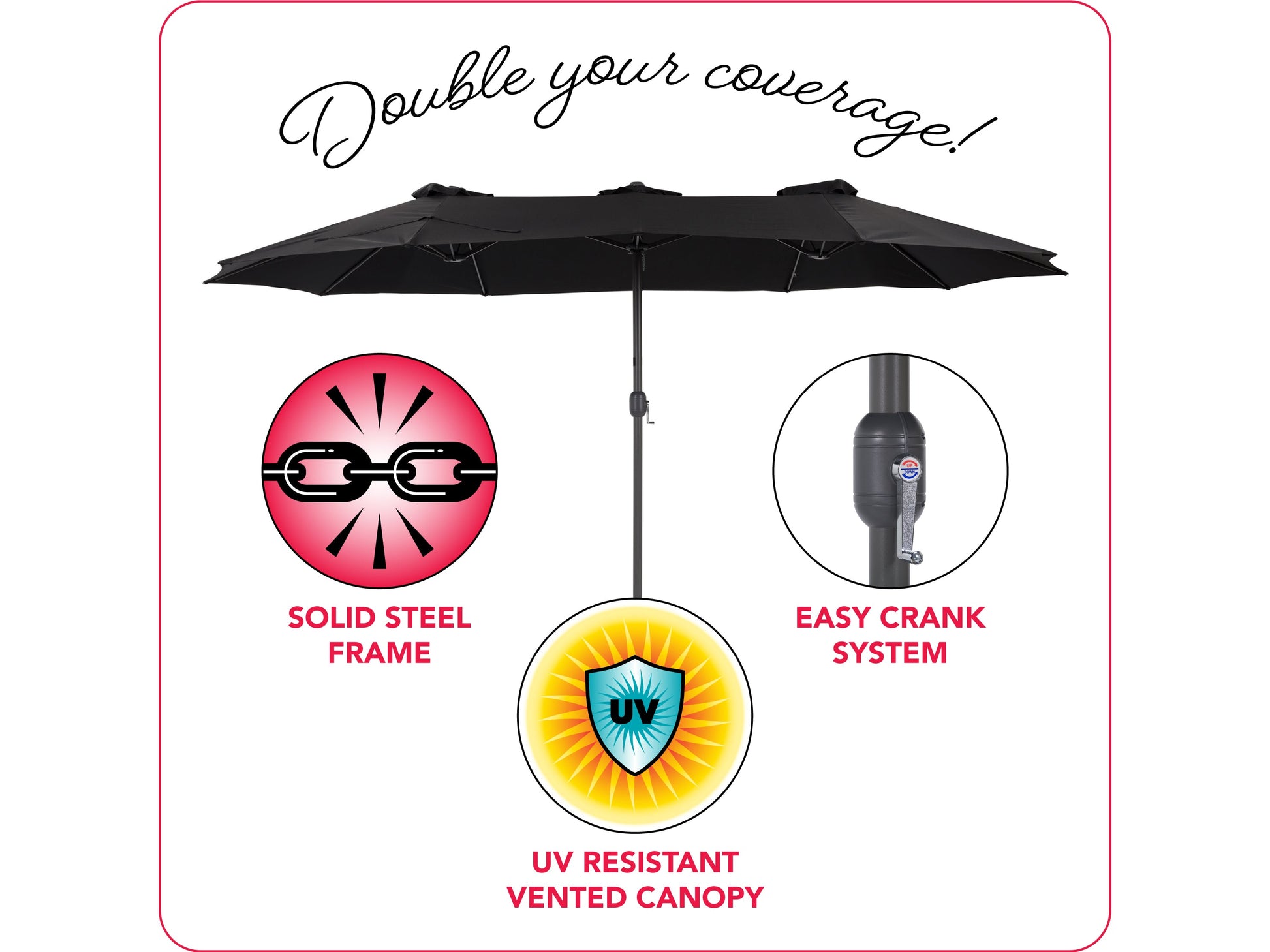 Double black patio umbrella, 15ft, weather-resistant fabric, sturdy pole, and crank lift for easy outdoor shade.