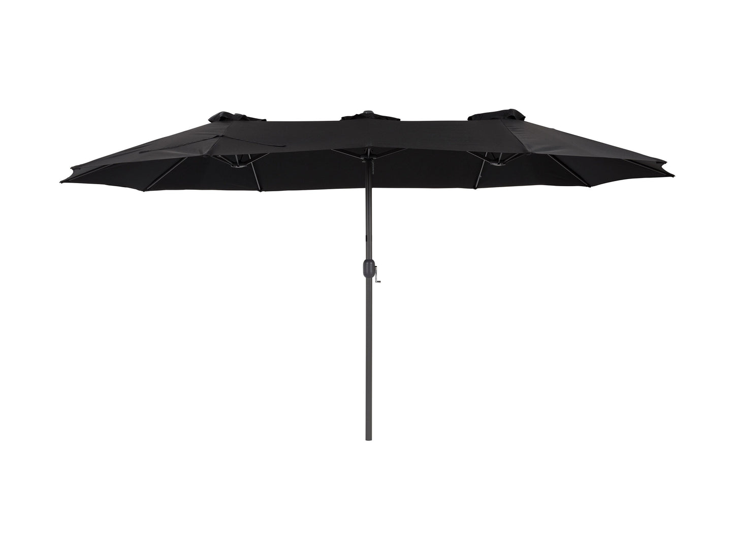 Double black patio umbrella with 15ft canopy, durable fabric, and sturdy metal frame for outdoor shade.