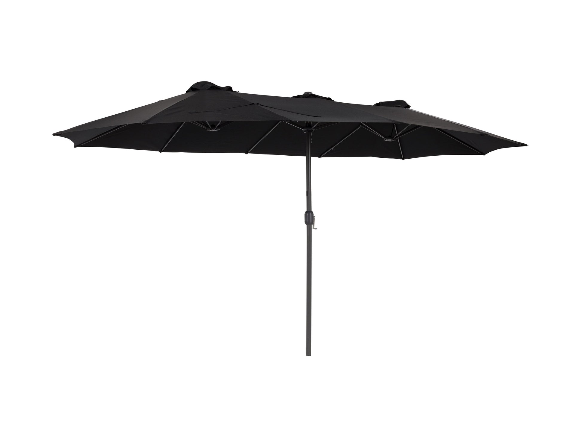 15ft double patio umbrella, black canopy, durable metal frame, UV protection, ideal for outdoor spaces.