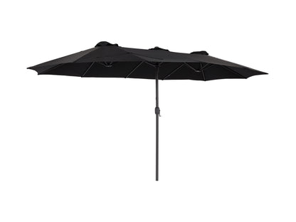 15ft double patio umbrella, black canopy, durable metal frame, UV protection, ideal for outdoor spaces.
