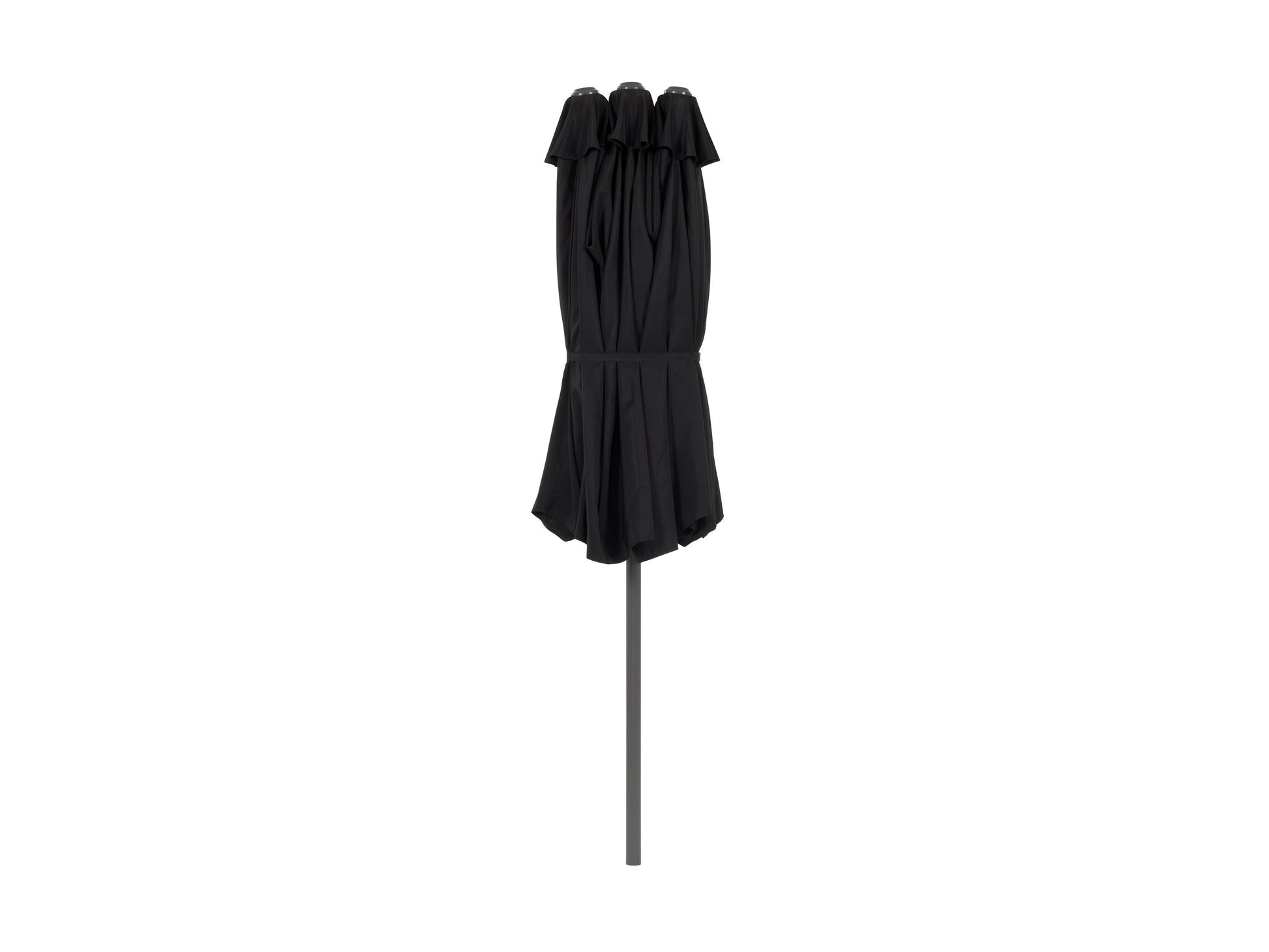 Black 15ft double patio umbrella with UV protection, sturdy steel frame, and crank lift system for outdoor shade.