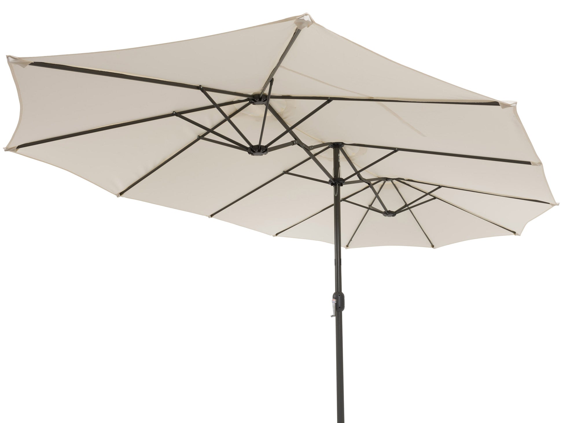 Double patio umbrella in warm white with 15ft canopy and sturdy metal frame for outdoor shade.