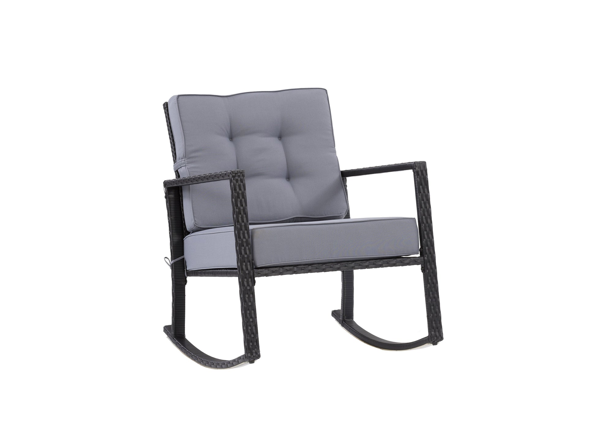Black and grey wicker outdoor rocking chair with cushioned seat and backrest, perfect for patio relaxation.