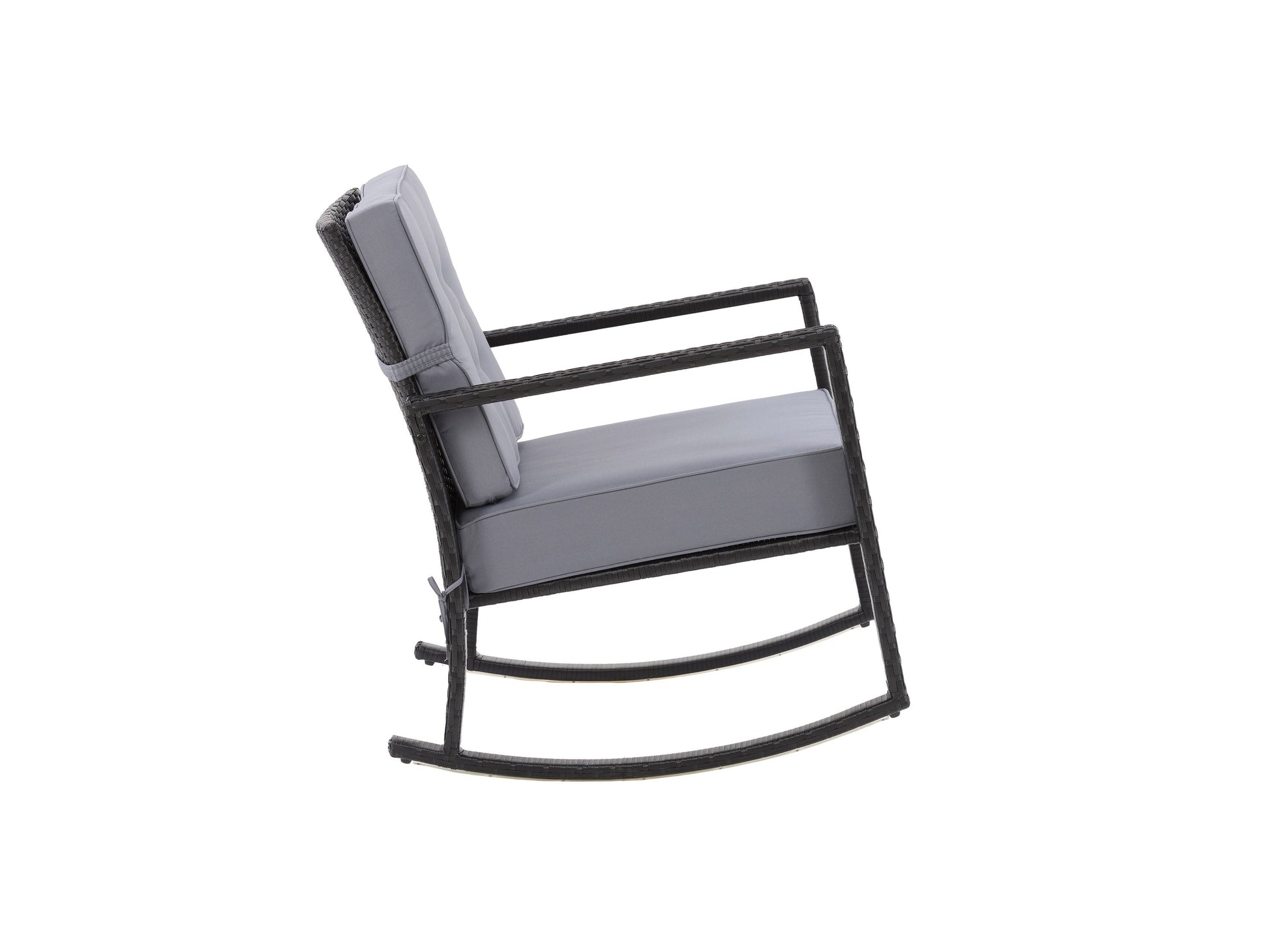 Black and grey wicker outdoor rocking chair with cushioned seat and backrest.