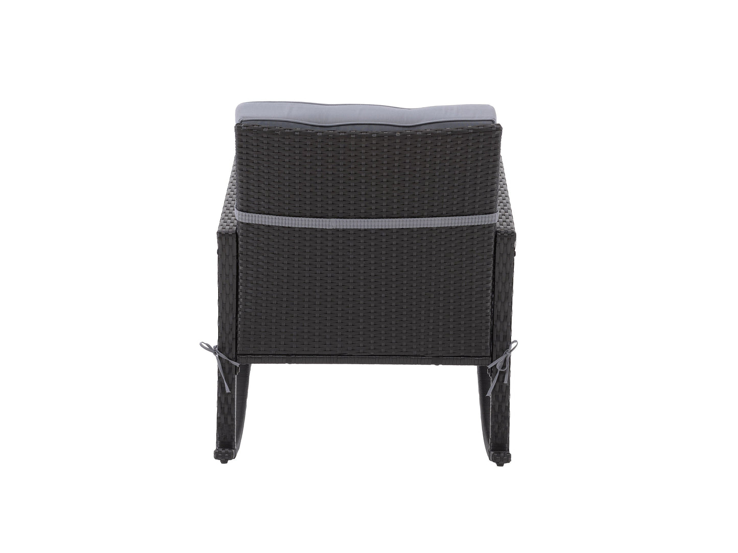 Black and grey wicker outdoor rocking chair with cushioned seat and back, perfect for patio lounging.
