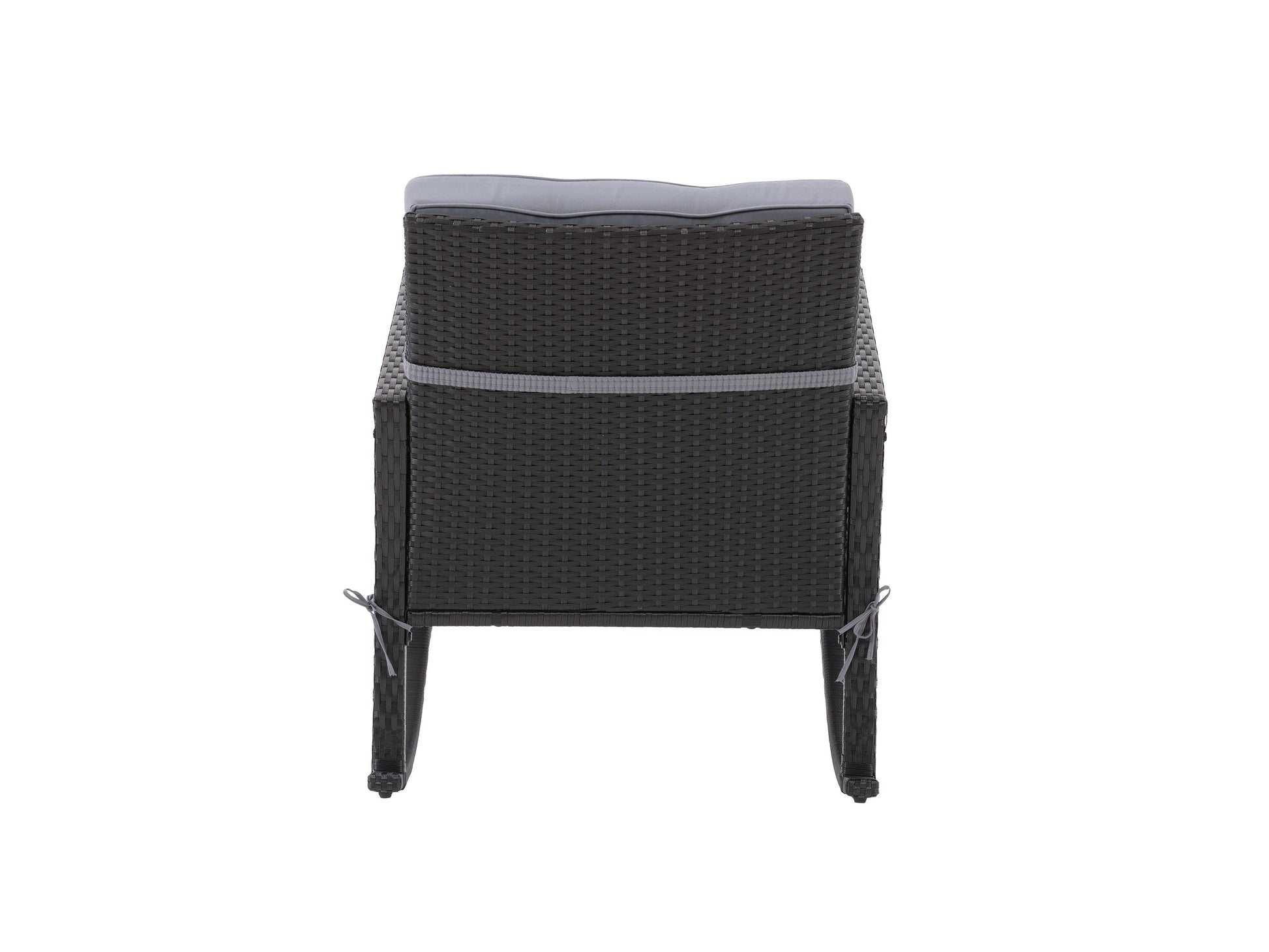 Black and grey wicker outdoor rocking chair with cushioned seat and back, perfect for patio lounging.