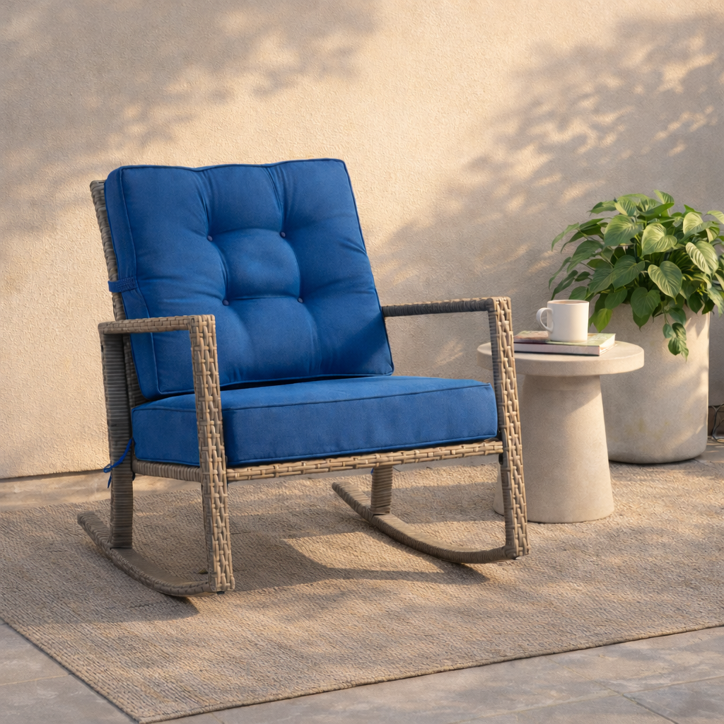 Grey and Blue Wicker Outdoor Rocking Chair - FINAL SALE ITEM