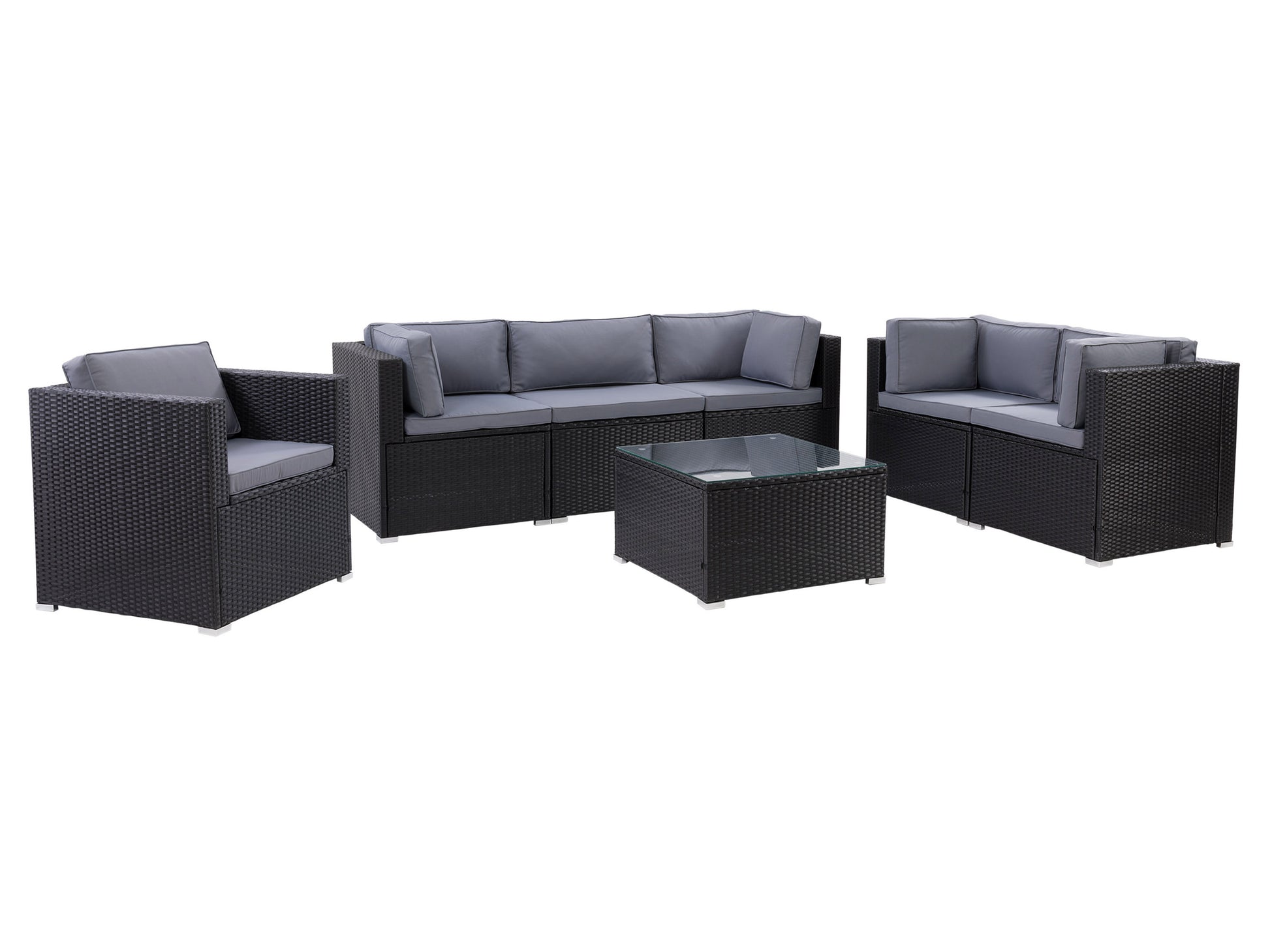 Alt Tag: Modern 7-piece outdoor sofa set with gray cushions and brown wicker frame, featuring two armchairs, a loveseat, a three-seat sofa, and a glass-top coffee table, perfect for patio or garden lounging.
