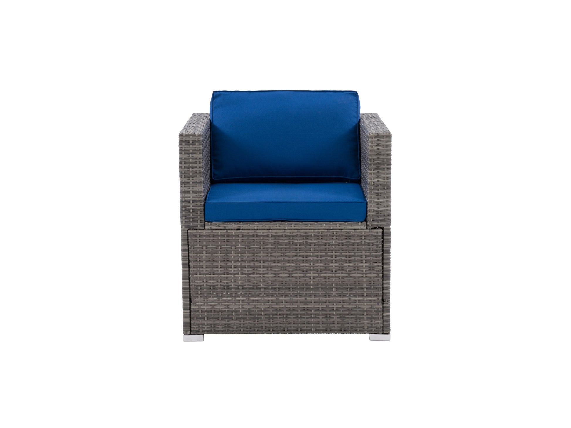 Modern patio chair with sleek black metal frame, natural wood armrests, and grey cushioned seats, perfect for outdoor lounging. Durable and stylish, ideal for contemporary garden or patio settings.