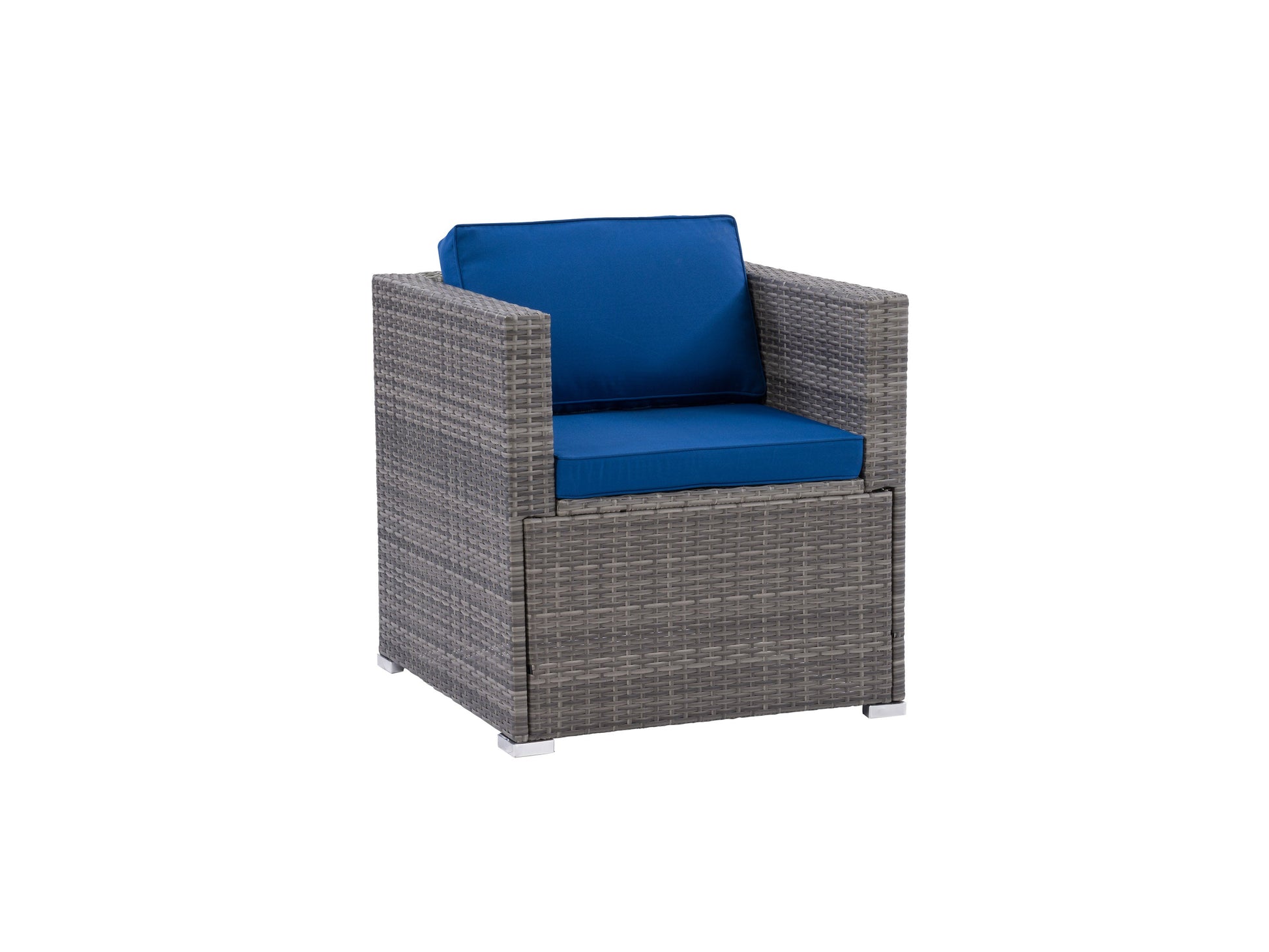 Modern patio chair with a sleek black metal frame, light gray cushioned seat, and backrest, featuring a minimalist design perfect for outdoor spaces.