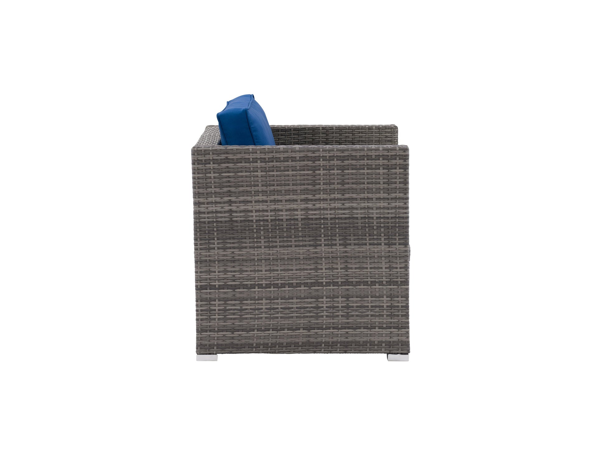 Gray wicker patio chair with plush white cushions, featuring a modern design and durable construction, perfect for outdoor seating areas.
