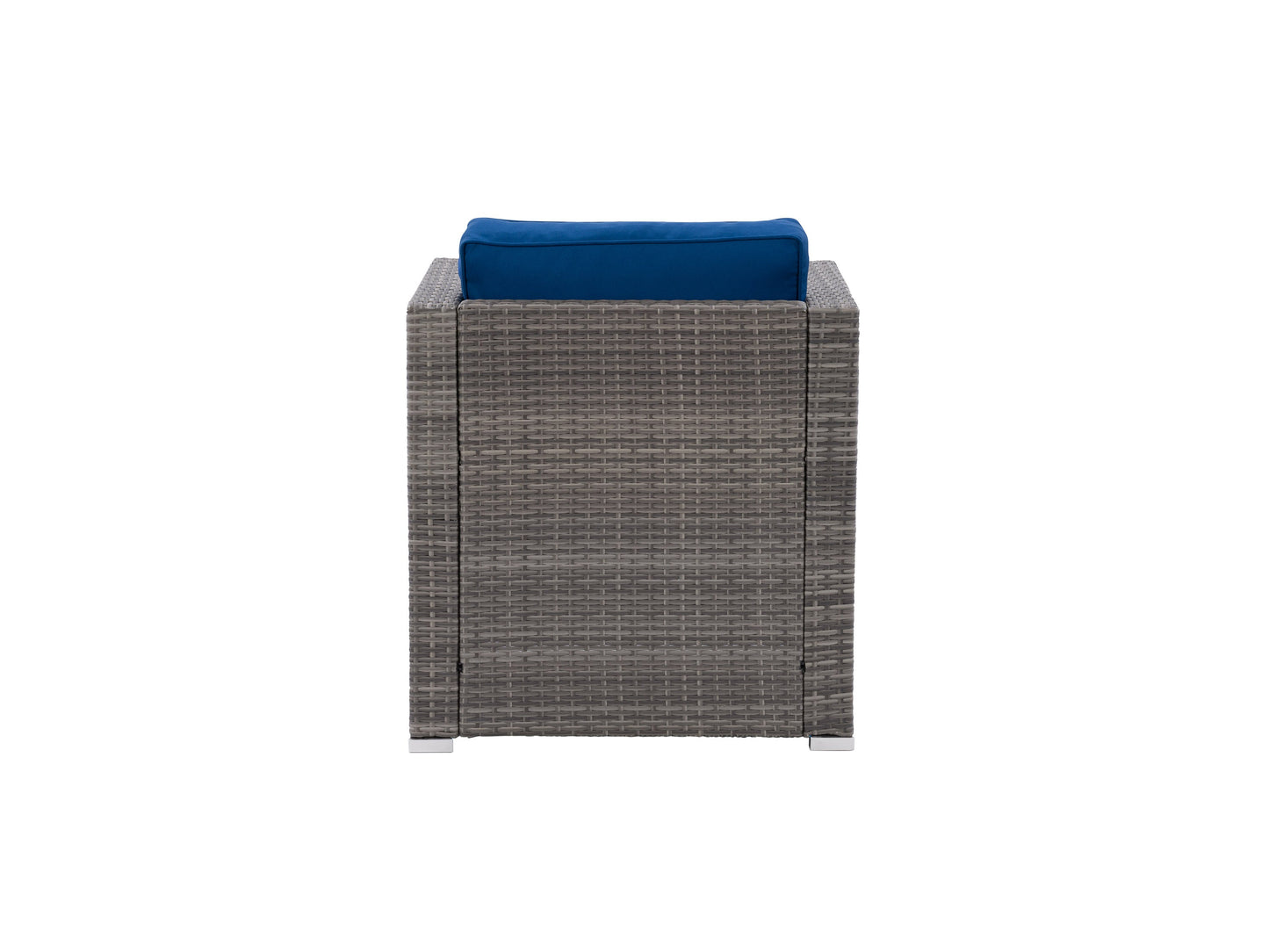 Wicker armchair with beige cushions, featuring a sturdy brown wicker frame and armrests, ideal for patio or outdoor seating.