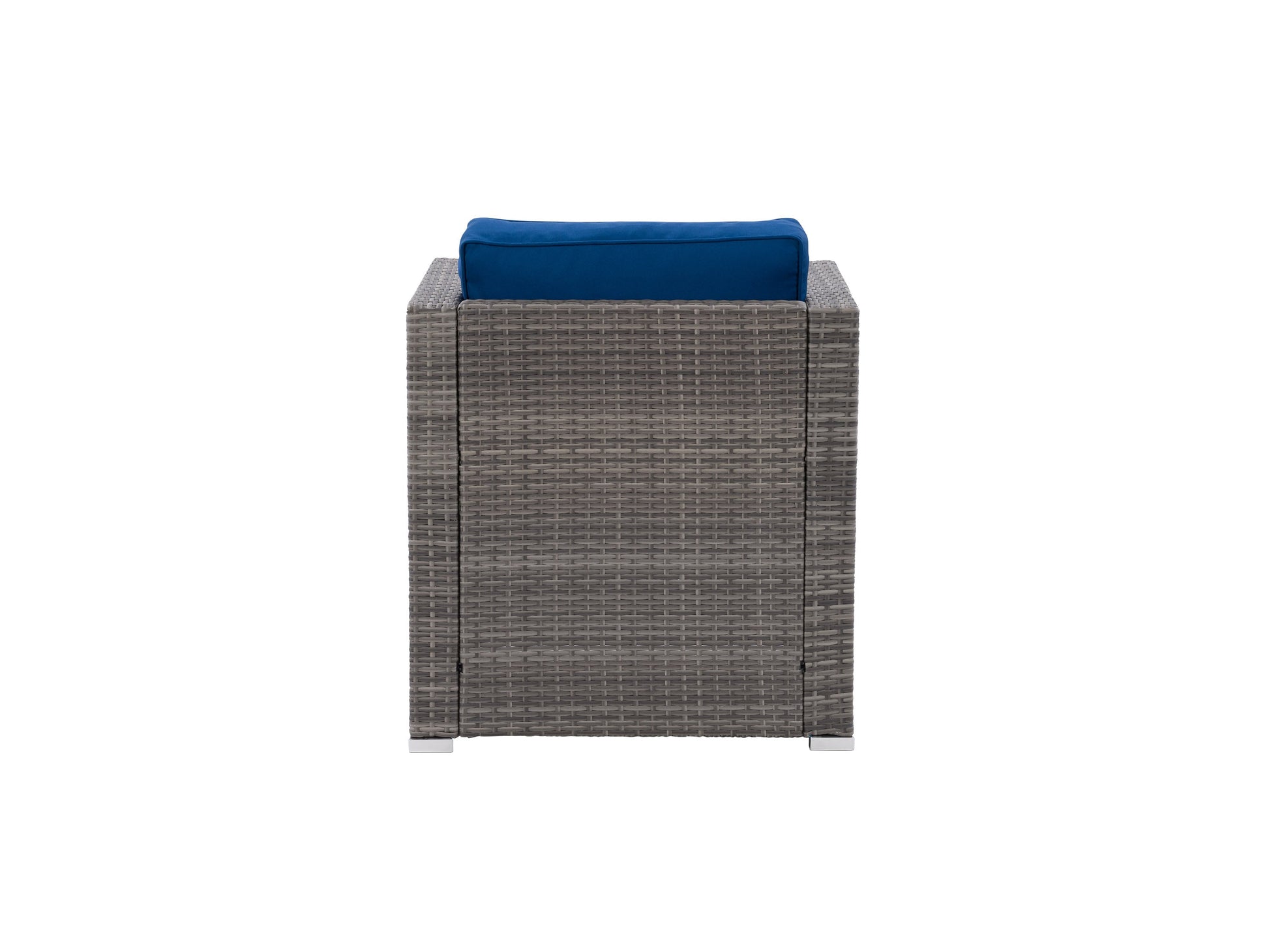 Wicker armchair with beige cushions, featuring a sturdy brown wicker frame and armrests, ideal for patio or outdoor seating.