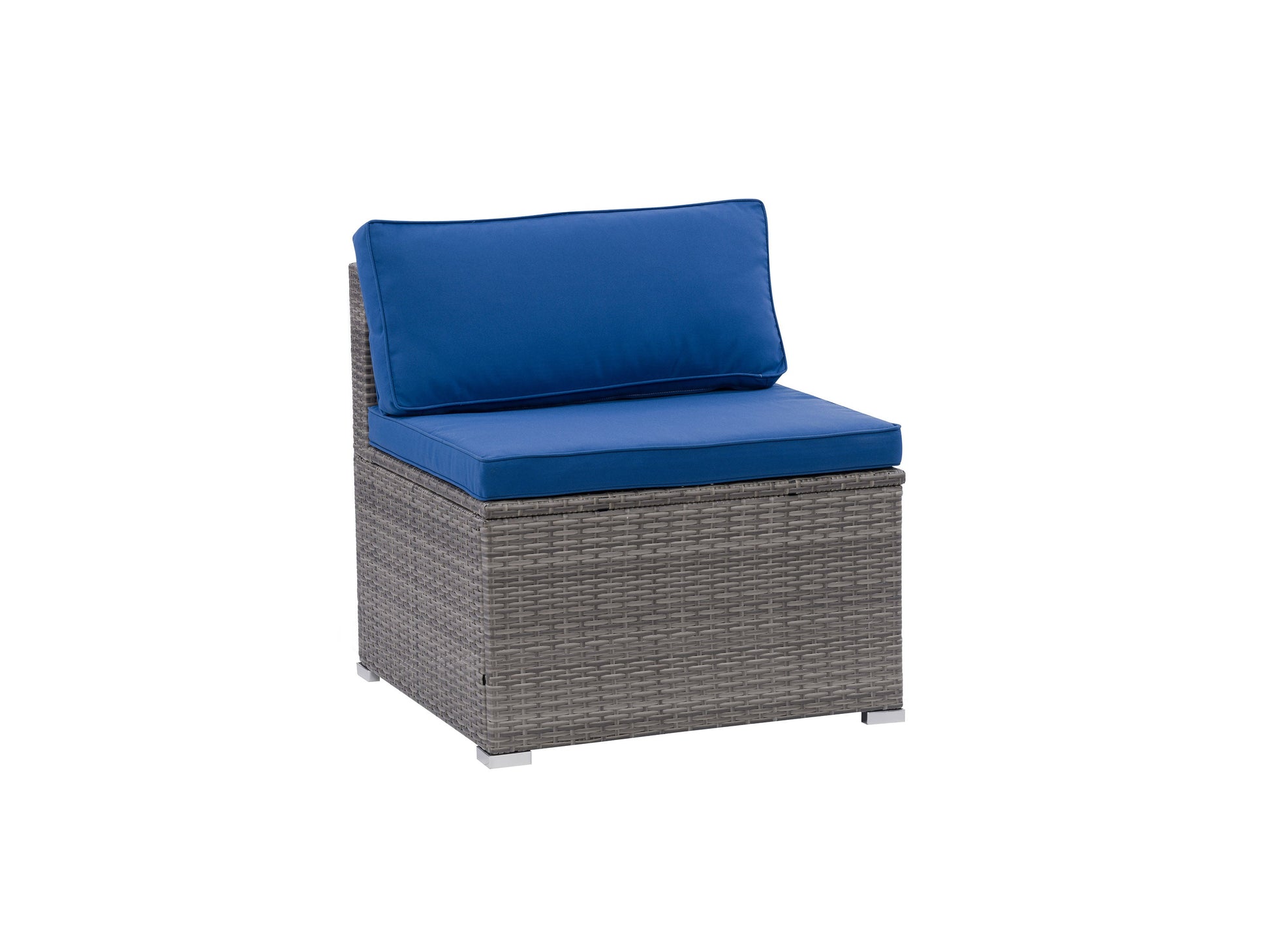 Modern patio chair with sleek black metal frame, comfortable grey cushions, and a minimalist design, perfect for outdoor lounging. The chair features weather-resistant materials and a contemporary aesthetic.