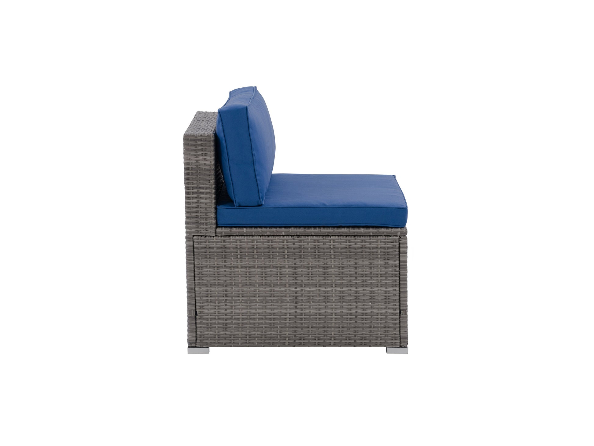 Modern patio chair with grey cushions, dark metal frame, and wooden armrests. Features a sleek, minimalist design perfect for outdoor seating areas. Weather-resistant materials ensure durability.