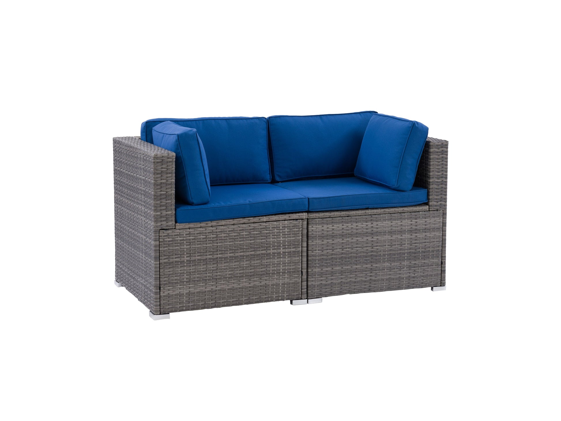 Modern outdoor patio chair with sleek metal frame, light gray cushioned seat and backrest, and wooden armrests, placed on a wooden deck surrounded by greenery. Ideal for contemporary outdoor spaces.