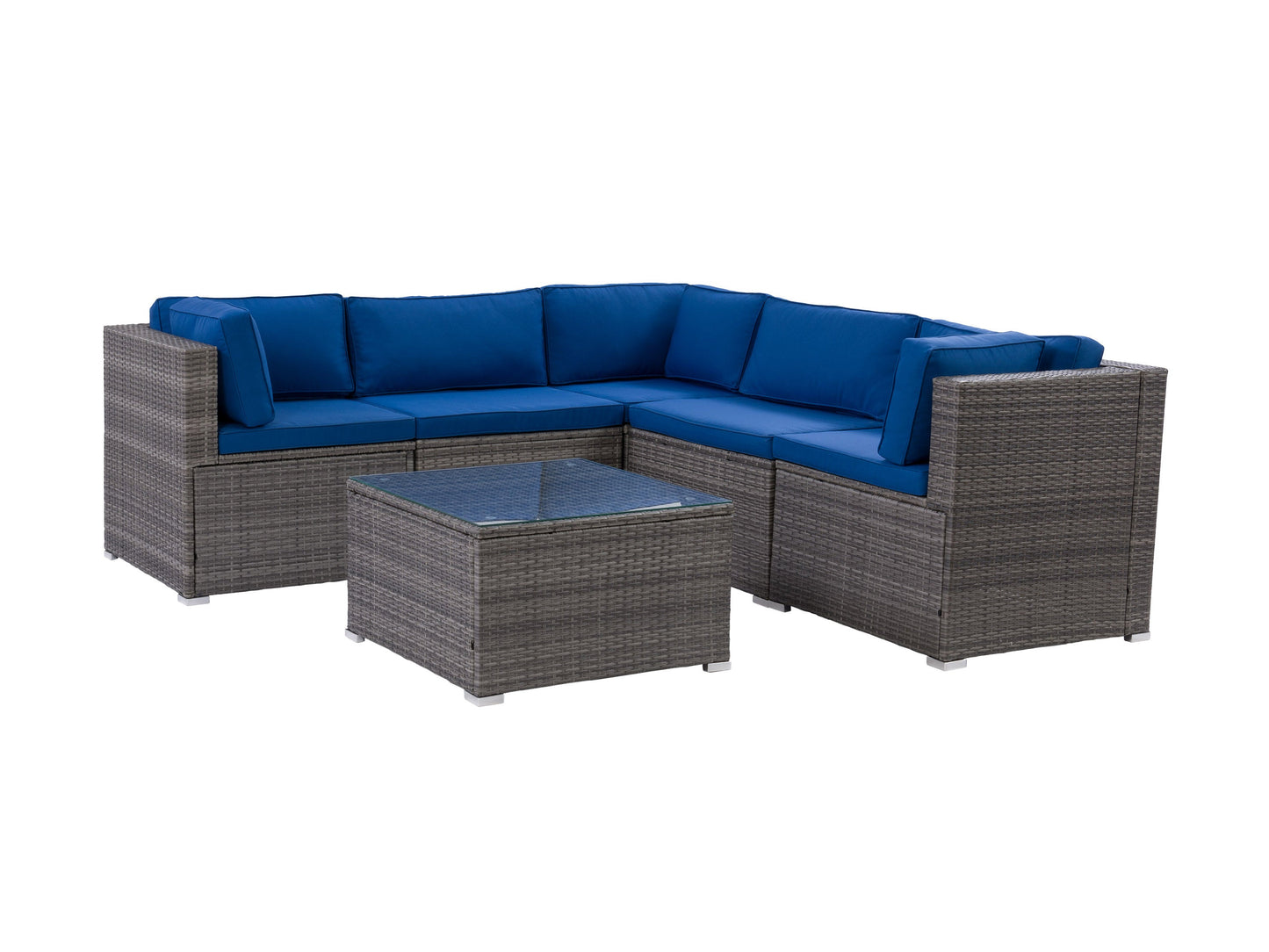 Gray outdoor patio sectional with weather-resistant wicker frame, plush beige cushions, and matching coffee table on a wooden deck. The set includes a left-arm loveseat, right-arm loveseat, and corner chair.