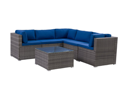 Gray outdoor patio sectional with weather-resistant wicker frame, plush beige cushions, and matching coffee table on a wooden deck. The set includes a left-arm loveseat, right-arm loveseat, and corner chair.