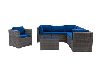 Outdoor patio sectional set, 7-piece, featuring gray cushions, dark wicker frame, and a glass-top coffee table. Ideal for garden or balcony, offering comfortable seating with modern design and weather-resistant materials.