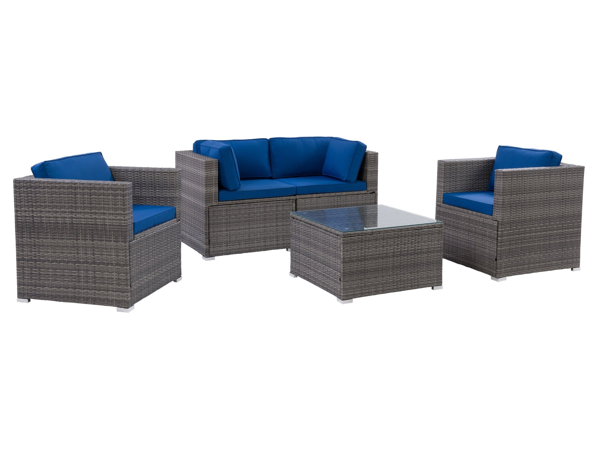 Outdoor sofa set with beige cushions, dark brown wicker frame, and glass-top coffee table. Includes two armchairs, two-seater sofa, and ottoman. Ideal for patio or garden relaxation.