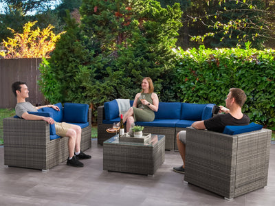 blended grey and oxford blue Outdoor Sofa Set, 7pc Parksville Collection lifestyle scene by CorLiving#color_blended-grey-and-oxford-blue