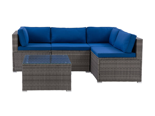 5-piece patio wicker sectional set with beige cushions, brown rattan frame, and glass-top coffee table, arranged in an L-shape. Perfect for outdoor lounging and entertaining.