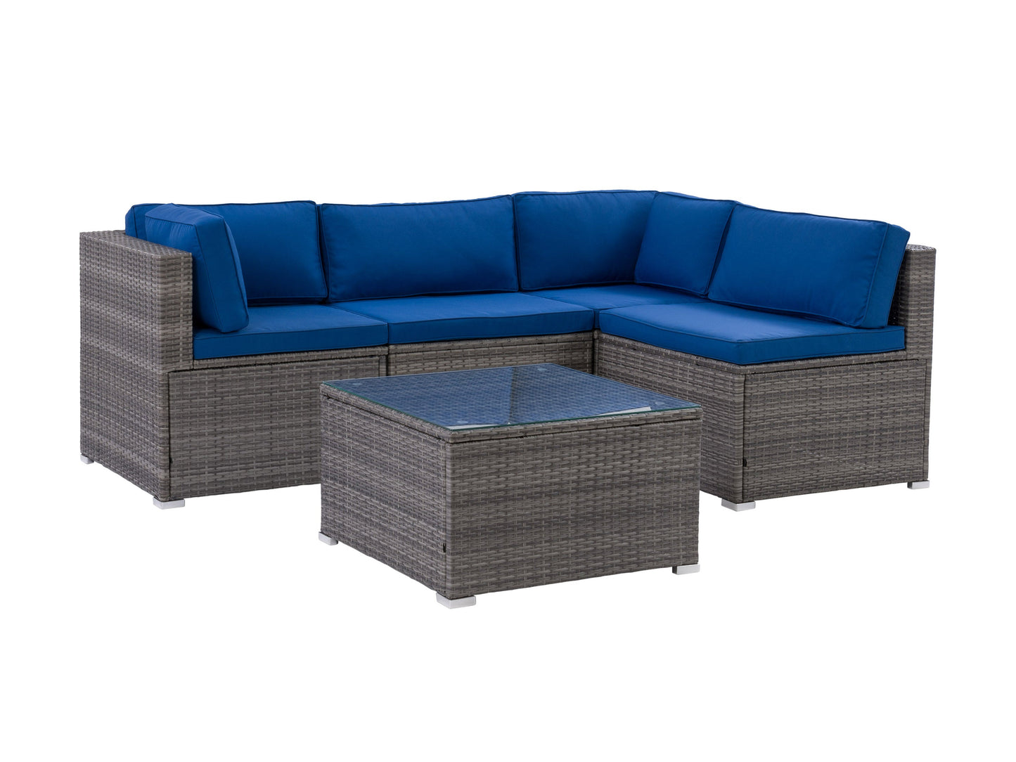 Modern patio sectional with gray cushions, black metal frame, and wooden armrests. The L-shaped design features a sleek, minimalist style perfect for outdoor lounging.