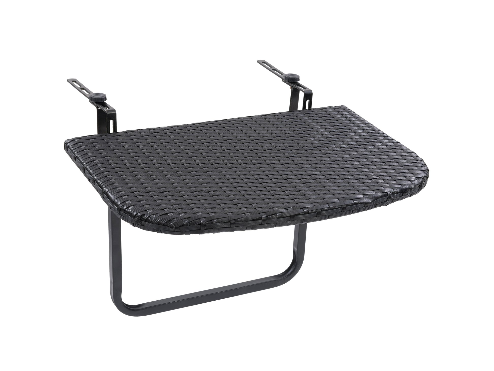 Modern patio table with sleek black metal frame, wooden tabletop, and adjustable railing brackets for easy balcony attachment. Ideal for small outdoor spaces, offering a stylish and functional dining or workspace solution.