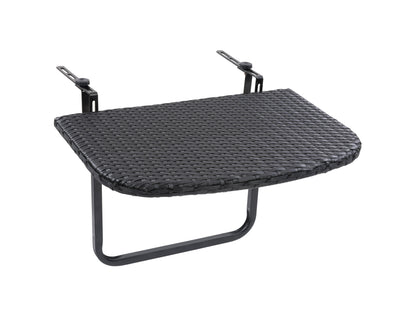 Modern patio table with sleek black metal frame, wooden tabletop, and adjustable railing brackets for easy balcony attachment. Ideal for small outdoor spaces, offering a stylish and functional dining or workspace solution.
