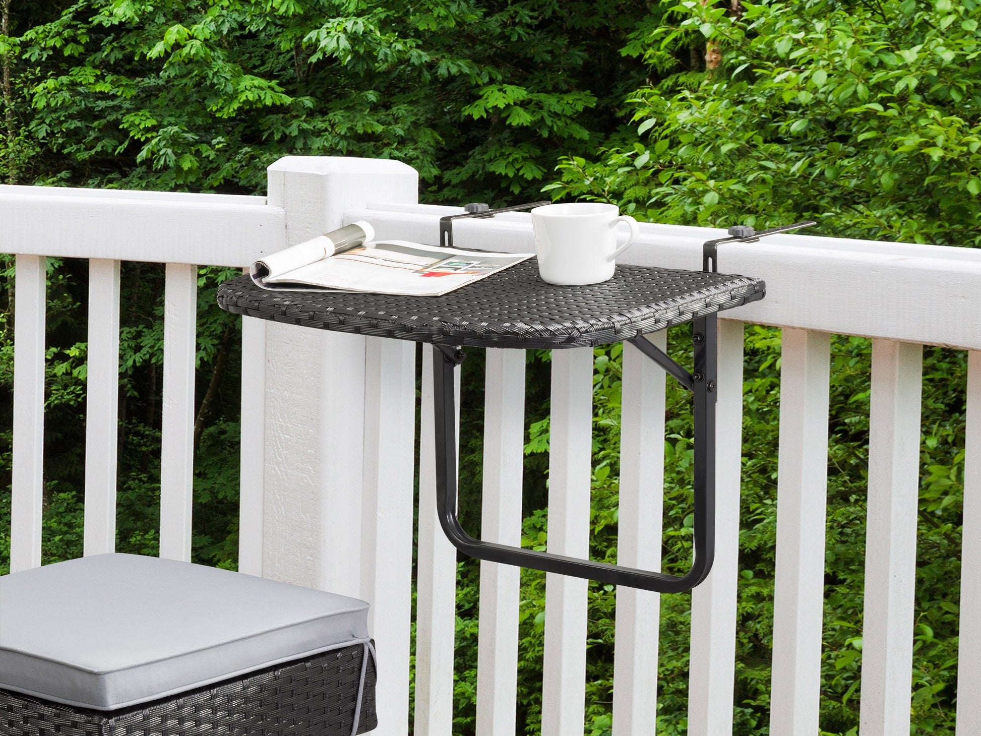 Black and natural wood balcony railing table with sleek metal frame, adjustable brackets, and weather-resistant finish, perfect for small outdoor spaces or patios.