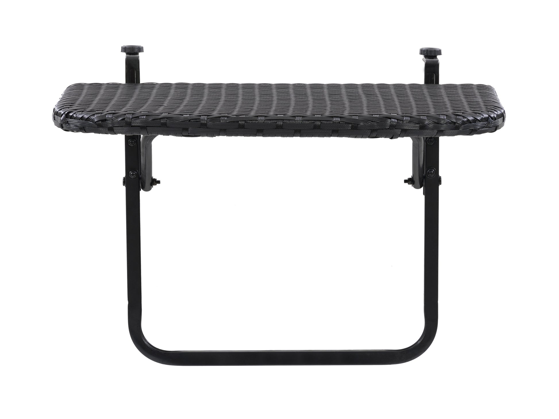 Gray metal balcony railing table with wooden tabletop, featuring a compact design, perfect for small outdoor spaces and patios.
