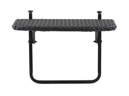 Gray metal balcony railing table with wooden tabletop, featuring a compact design, perfect for small outdoor spaces and patios.