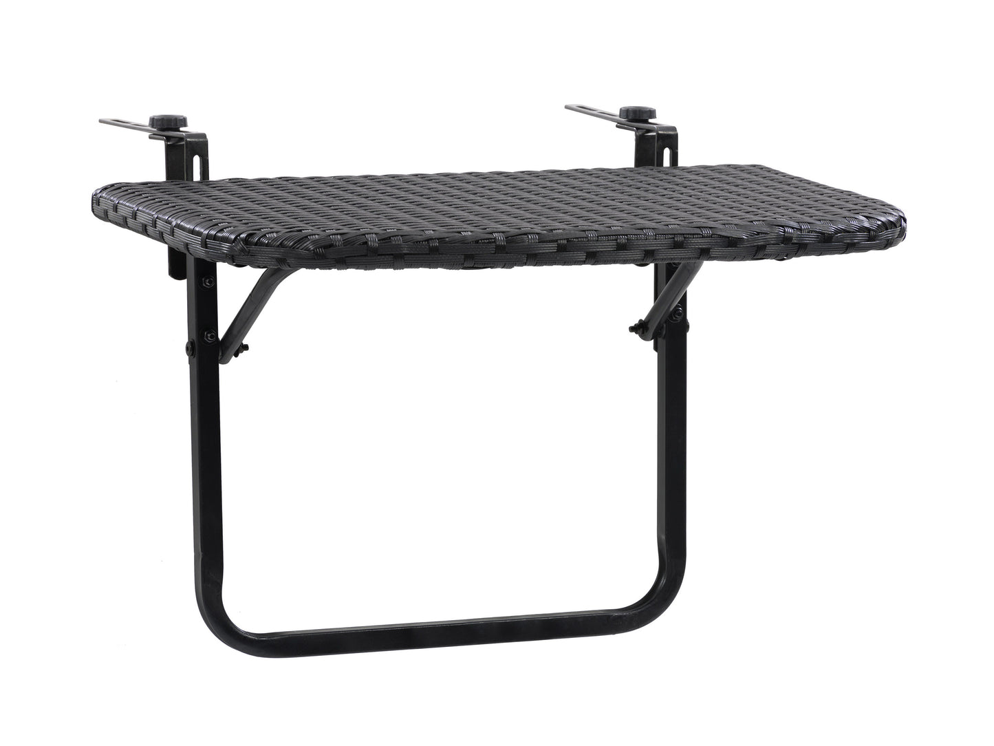 Black metal balcony railing table with wooden tabletop, sleek design, and foldable feature. Ideal for small outdoor spaces, perfect for drinks and snacks. Durable, weather-resistant materials.