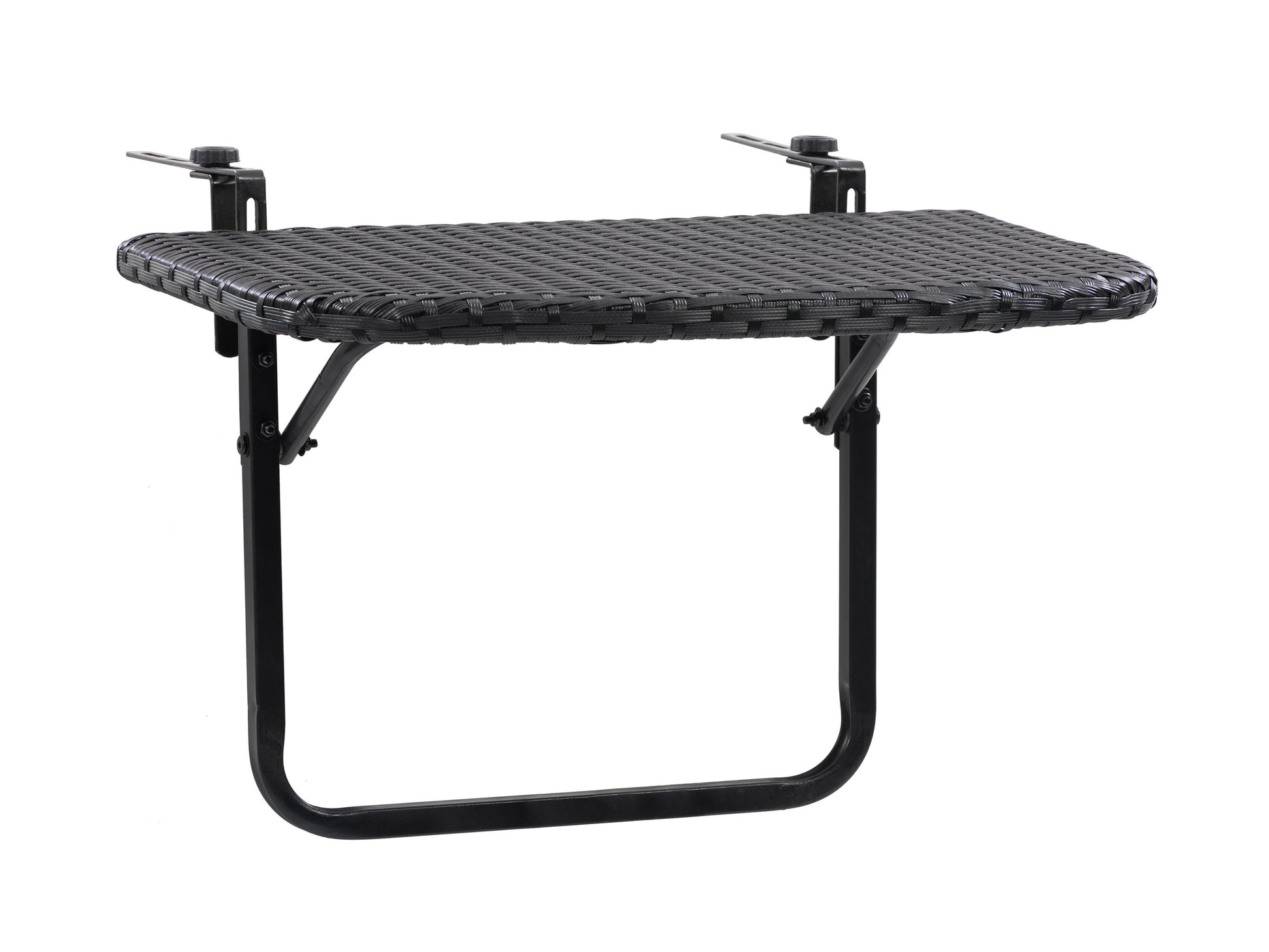 Black metal balcony railing table with wooden tabletop, sleek design, and foldable feature. Ideal for small outdoor spaces, perfect for drinks and snacks. Durable, weather-resistant materials.