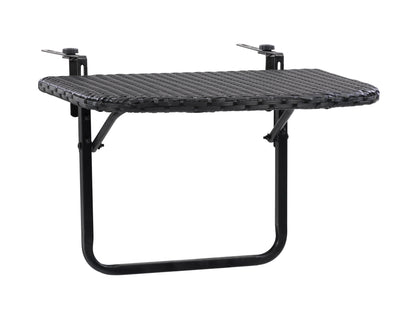Black metal balcony railing table with wooden tabletop, sleek design, and foldable feature. Ideal for small outdoor spaces, perfect for drinks and snacks. Durable, weather-resistant materials.