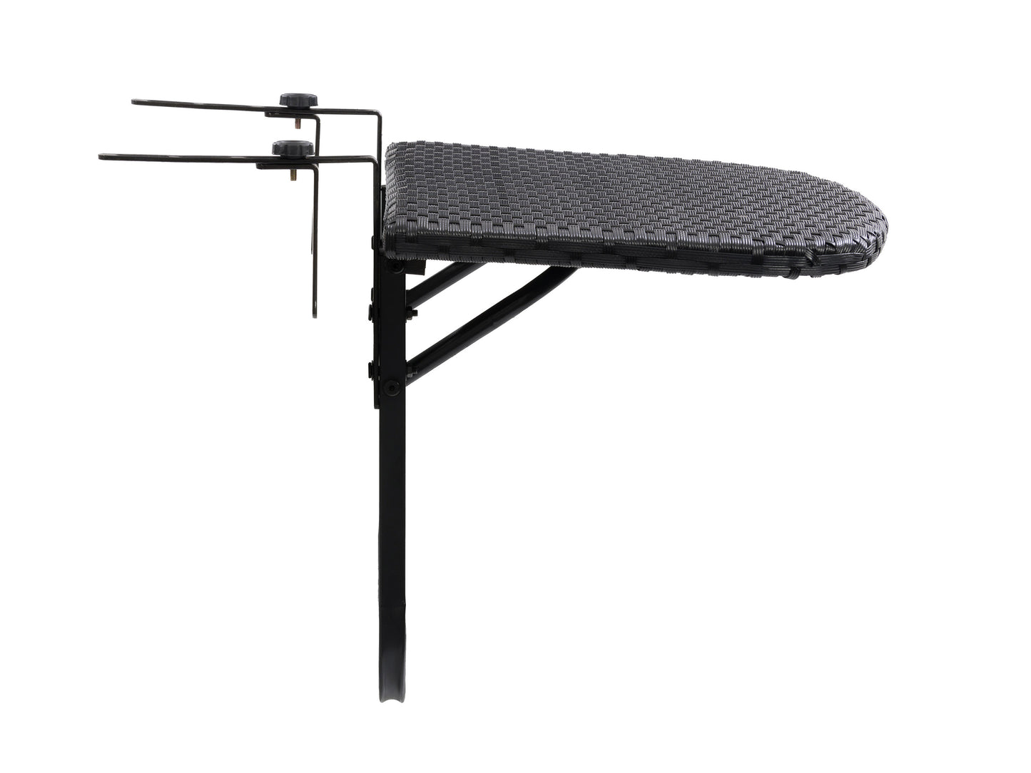 Black metal balcony railing table with wooden slatted top, designed for outdoor use. Ideal for small spaces, this patio table attaches securely to balcony railings, providing a convenient surface for dining or work.