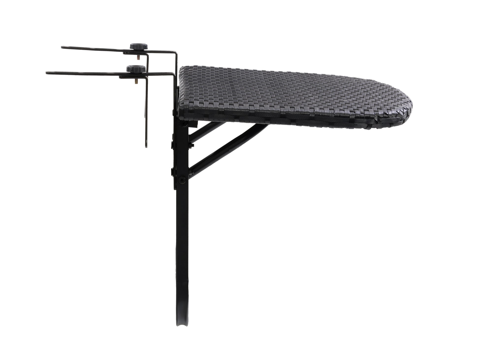 Black metal balcony railing table with wooden slatted top, designed for outdoor use. Ideal for small spaces, this patio table attaches securely to balcony railings, providing a convenient surface for dining or work.