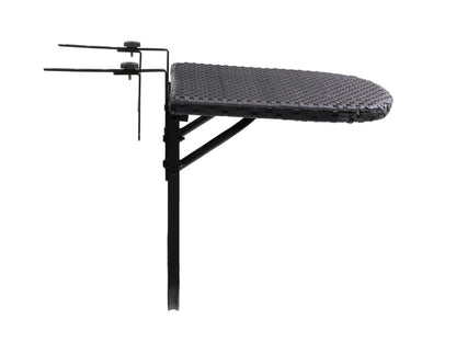 Black metal balcony railing table with wooden slatted top, designed for outdoor use. Ideal for small spaces, this patio table attaches securely to balcony railings, providing a convenient surface for dining or work.