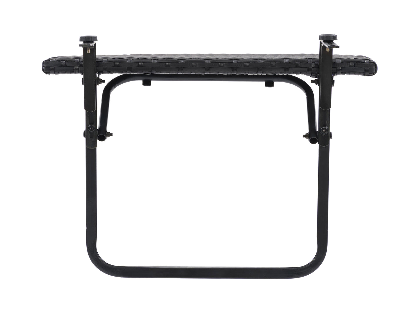 Compact black metal balcony railing table with wooden slatted surface, perfect for small outdoor spaces; attaches securely to railings, offering a stylish and functional solution for enjoying meals or drinks outside.