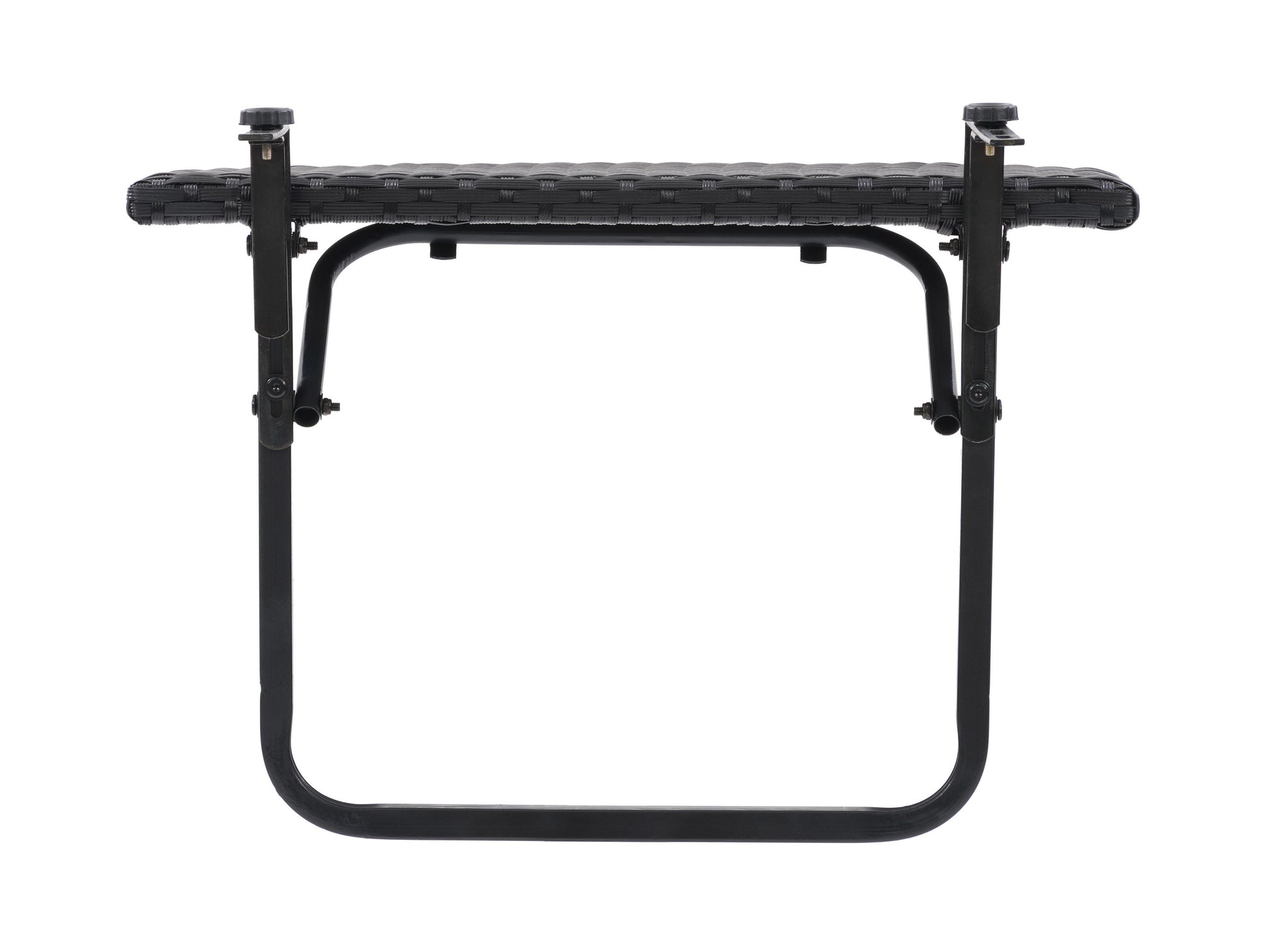 Compact black metal balcony railing table with wooden slatted surface, perfect for small outdoor spaces; attaches securely to railings, offering a stylish and functional solution for enjoying meals or drinks outside.